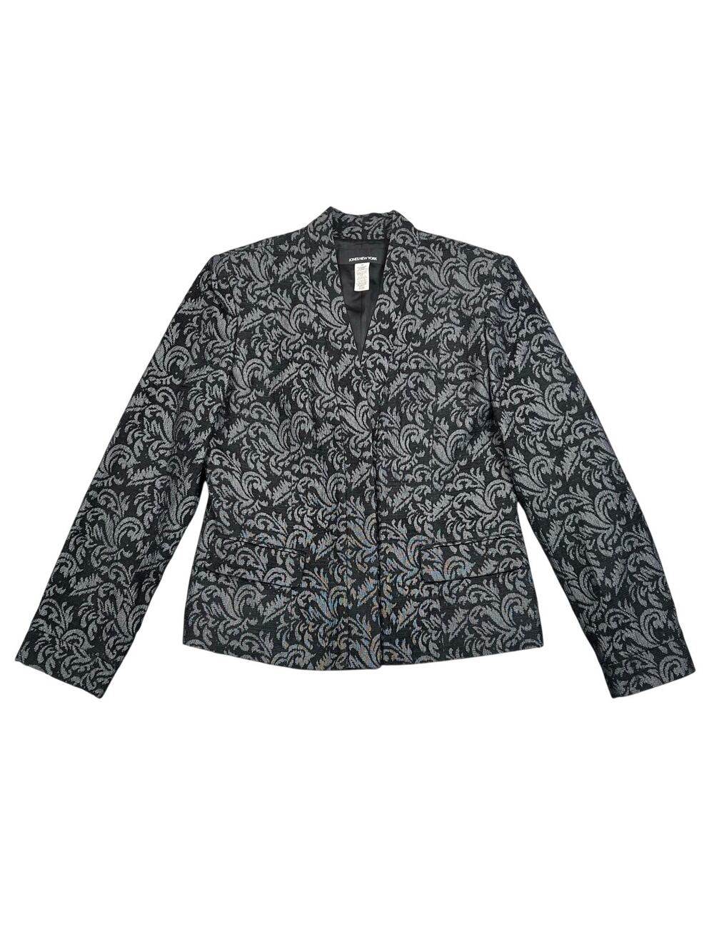 NWT Jones New York Black Gray Brocade Blazer Cropped Jacket - 10